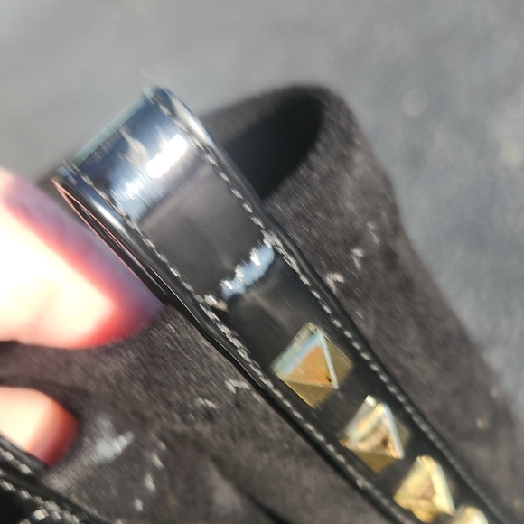 Black Suede Mid-Calf Heeled Boots with Gold Cap Toe and Stud Trim - Picture 5 of 16